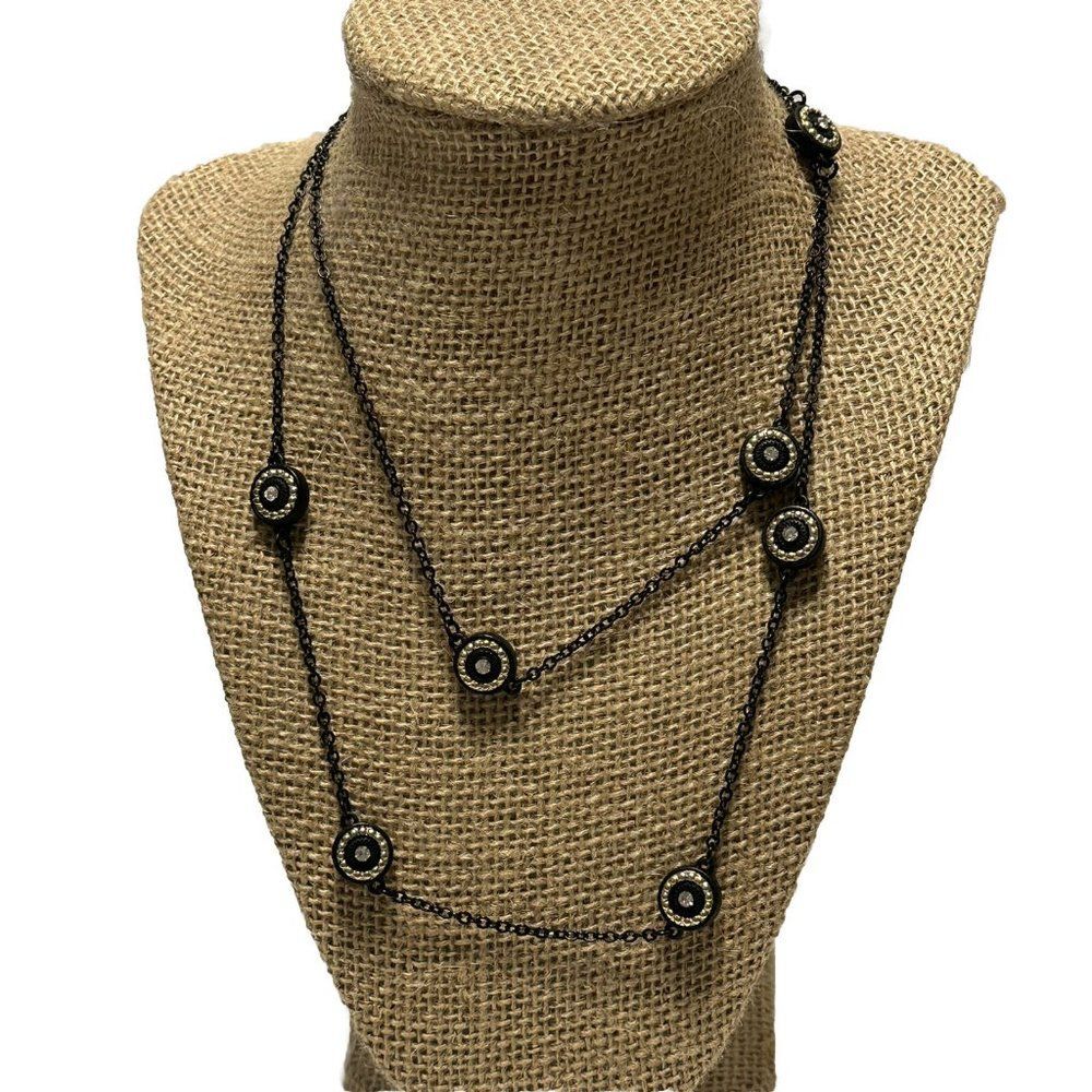36ā Long Layering Gunmetal Black Necklace Dainty Rhinestone Statement